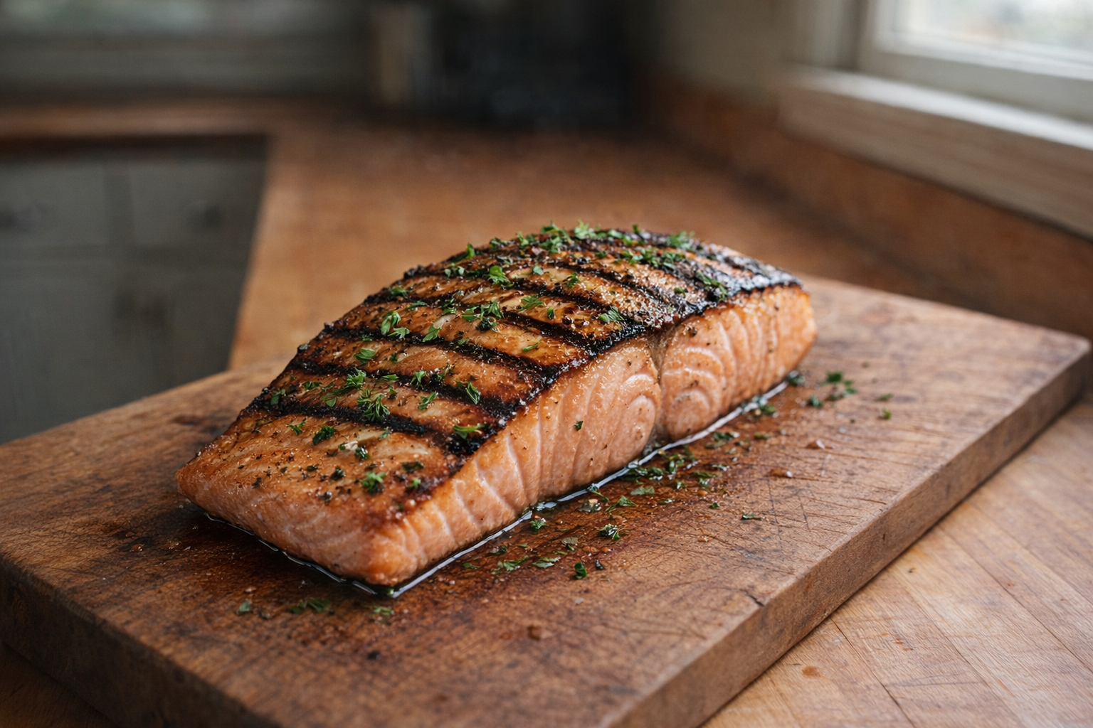 A perfectly grilled salmon fillet, skin side up, with distinct grill marks, vibrant pink flesh, and a sprinkle of fresh herbs on a wooden cutting board, shot in natural light